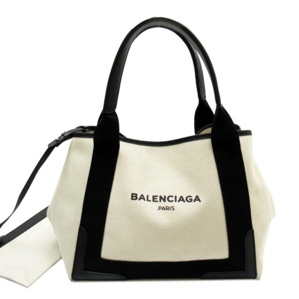 54350g Balenciaga Blue CABAS S Canvas Leather Tote Bag White Black