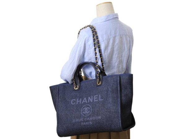 66941 y84117 5b749 4 Chanel Chain Shoulder Canvas Tote Bag Navy