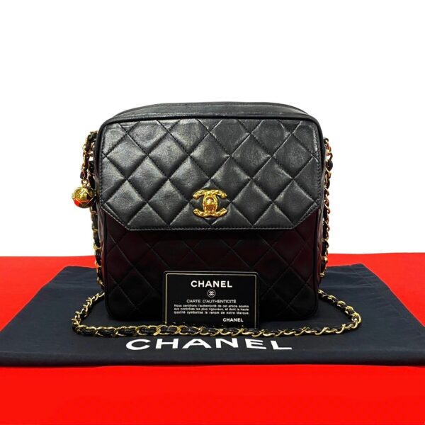 6sbb a2958380 1 Chanel Matelasse Coco Mark Lambskin Chain Shoulder Pochette Black