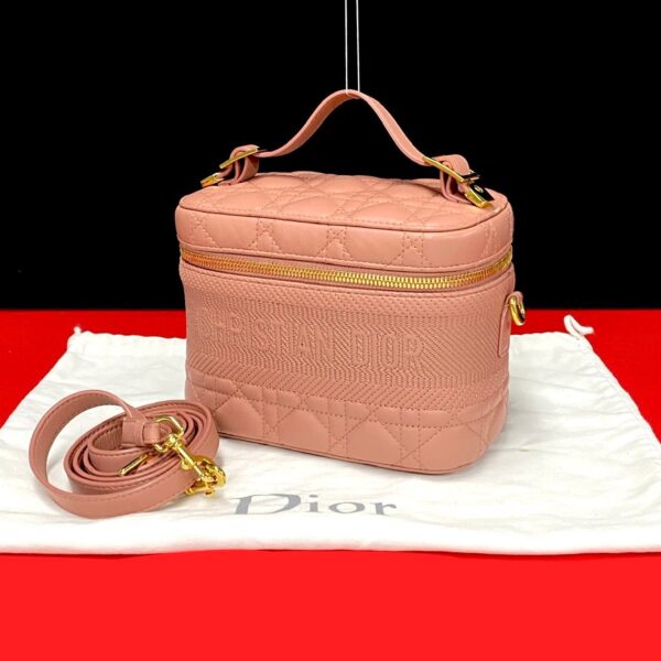 6sbb a2980596 1 Christian Dior Cannage Leather Canvas 2WAY Vanity Handbag Pink