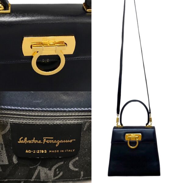 714k714 23003 4 Salvatore Ferragamo Gancini Calf Leather 2way Bag Navy