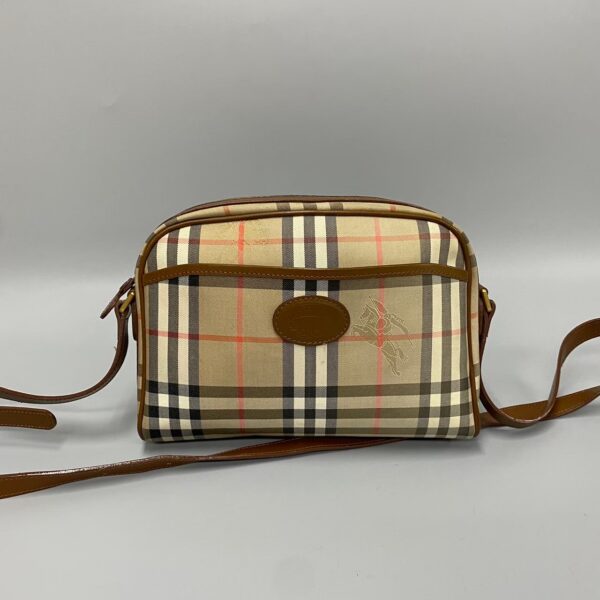 753j753 22001 1 Burberry Nova Check Shadow Horse Pattern Leather Canvas Shoulder Bag Beige Brown