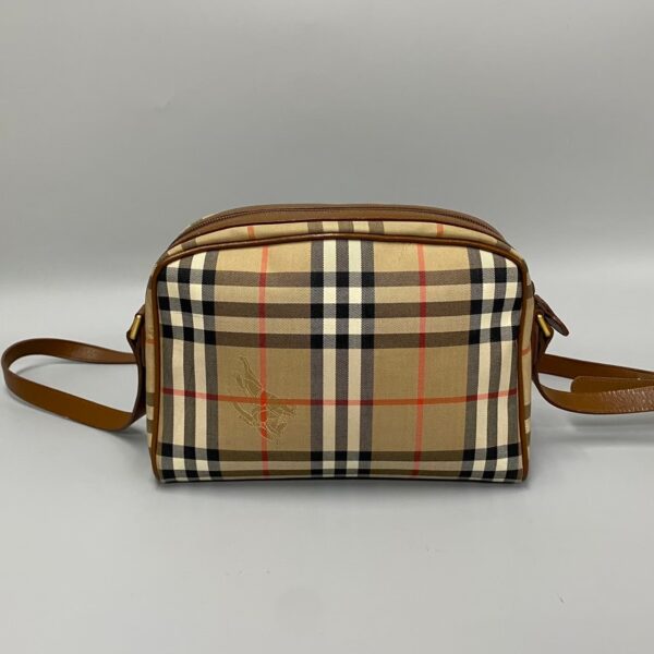 753j753 22001 4 Burberry Nova Check Shadow Horse Pattern Leather Canvas Shoulder Bag Beige Brown