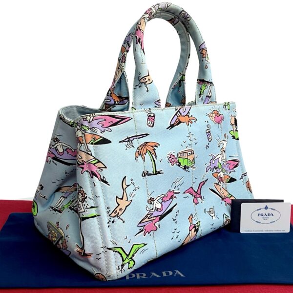 759k759 25905 1 Prada Triangle Canapa Surfing Pattern Canvas Tote Bag Blue Multicolor