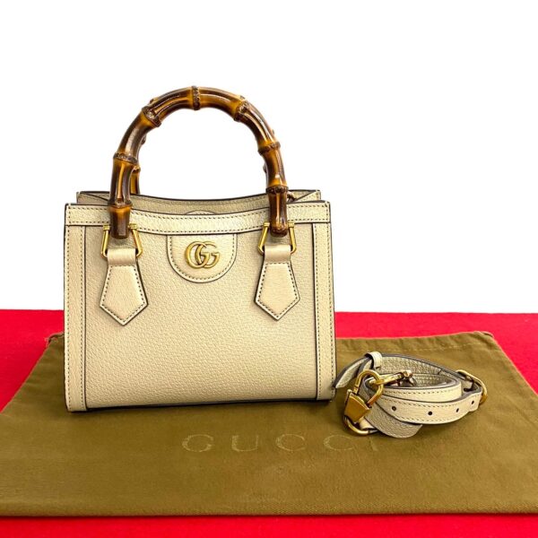 762k762 17931 1 Gucci Diana Mini Tote Bamboo Leather 2way Mini Shoulder Bag Beige