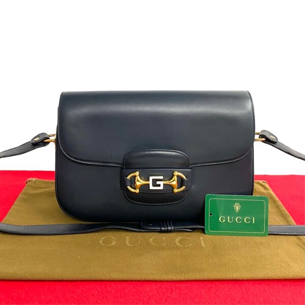 763k763 18859 1 Gucci Horsebit Leather 2way Shoulder Bag Handbag Navy