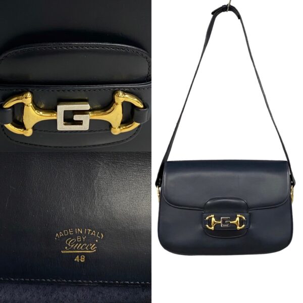 763k763 18859 5 Gucci Horsebit Leather 2way Shoulder Bag Handbag Navy