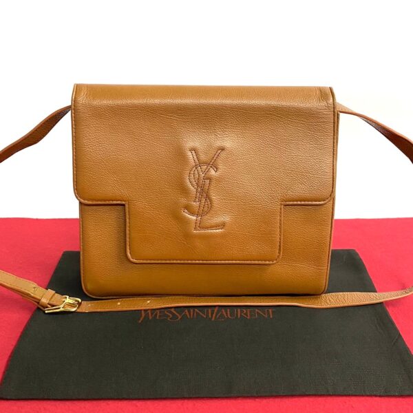 764k764 35020 1 Yves Saint Laurent YSL Stitch Leather Shoulder Bag Pochette Brown