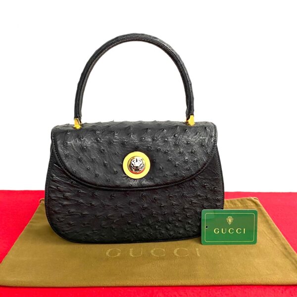 766l766 28298 1 Gucci Tiger Head Ostrich Handbag Black