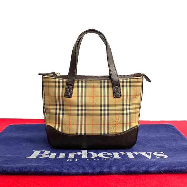 768l768 17750 1 Burberry Nova Check Pattern Canvas Leather Mini Tote Bag Brown