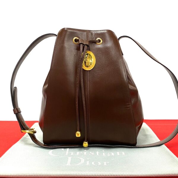 771a771 37863 1 Christian Dior Leather Drawstring Tote Bag Brown