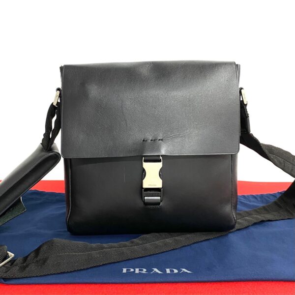 772a769 23473 1 Prada Fittings Leather Nylon Shoulder Bag Black