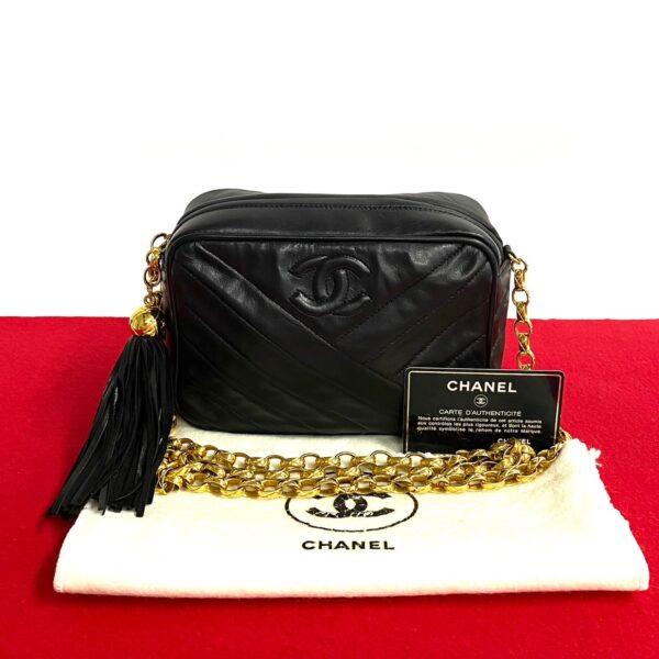 772a772 38508 1 Chanel V Stitch Lambskin Fringe Chain Mini Shoulder Bag Black