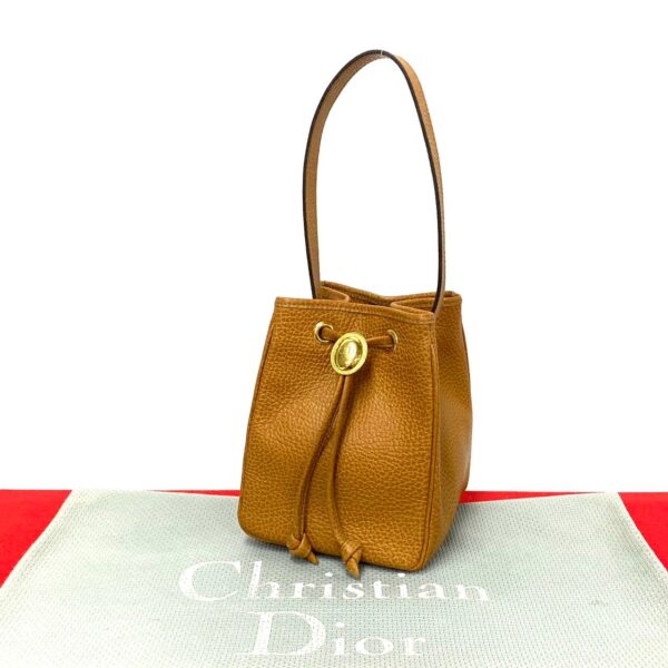 773a772 33191 1 Christian Dior Leather Mini Handbag Drawstring Bag Brown