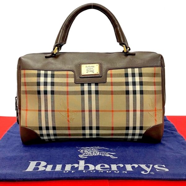 773a772 41001 1 Burberry Nova Check Shadow Horse Leather Canvas Tote Handbag Brown Beige