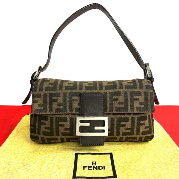 773a773 39680 1 FENDI Mamma Bucket Zucca FF Pattern Leather Canvas Shoulder Bag Brown