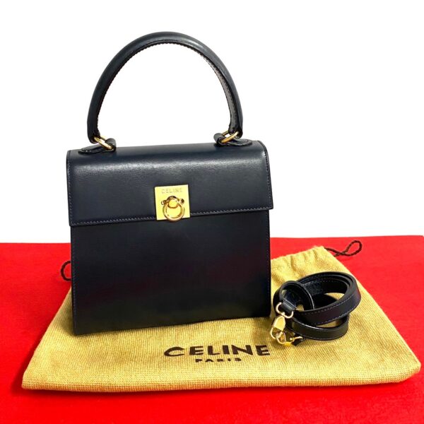 776b775 25045 1 Celine Gancini Leather 2way Handbag Shoulder Bag Navy