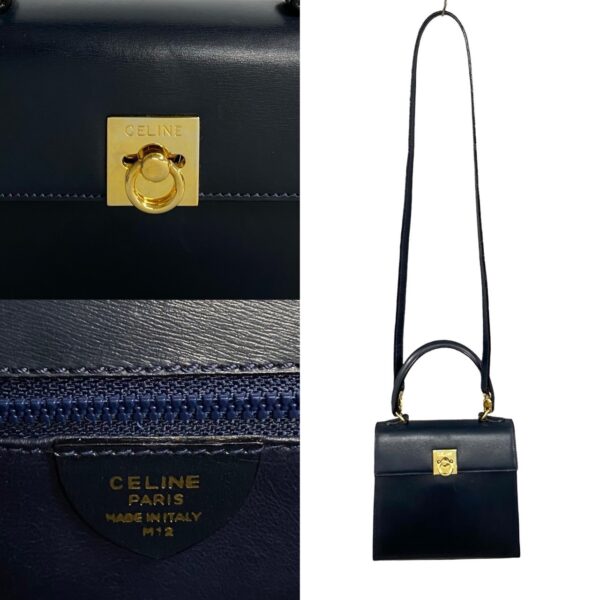 776b775 25045 4 Celine Gancini Leather 2way Handbag Shoulder Bag Navy