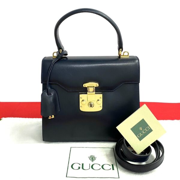 776b776 34256 1 Gucci Ladylock Leather 2way Shoulder Bag Handbag Navy