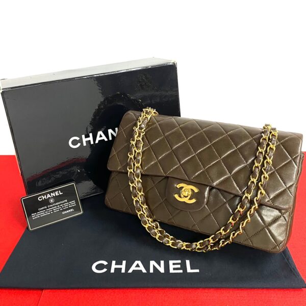 777b777 24318 1 Chanel Matelasse Double Flap Lambskin Shoulder Bag Brown Tea