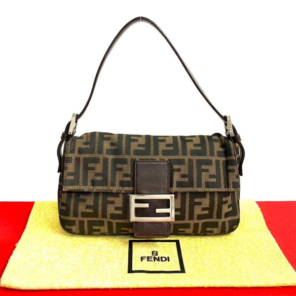 777b777 25221 1 FENDI Mamma Bucket Zucca FF Pattern Canvas Leather Semi One Shoulder Bag Brown