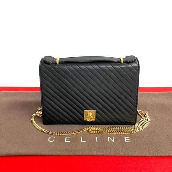 778c778 21795 1 Celine Ring Leather 2way Handbag Chain Shoulder Bag Black