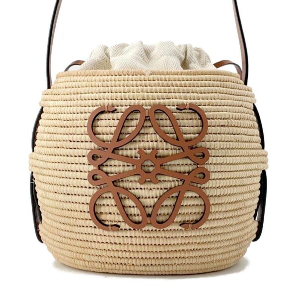 9594449 01 Loewe Beehive Raffia Calf Leather Basket Shoulder Bag