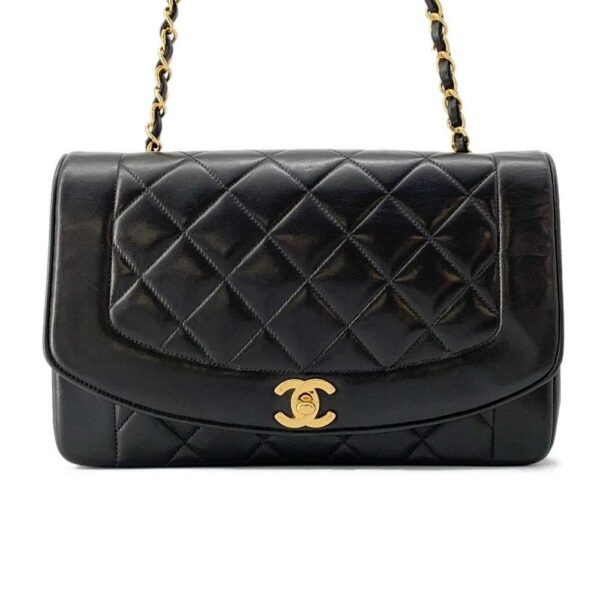 9606463 01 Chanel Diana Matelasse 25 Cocomark Lambskin Double Chain Shoulder Bag Black