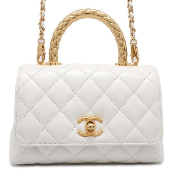 9722200 01 Chanel Cocomark Matelasse Top Handle Calf 2way Shoulder Bag White