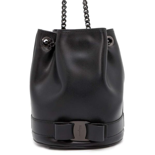 9735552 01 Salvatore Ferragamo Vara Leather Drawstring Shoulder Bag Black