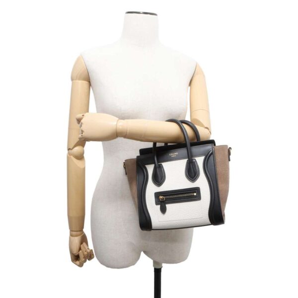 9745537 04 Celine Luggage Nano Shopper Leather Suede 2way Shoulder Bag Black White