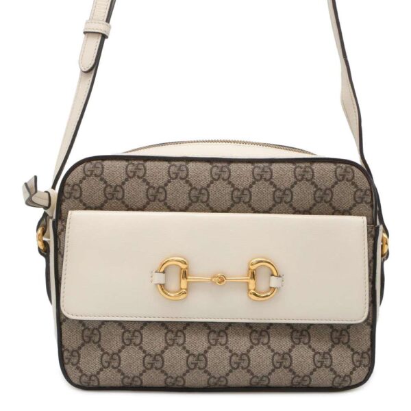 9752139 01 Gucci Horsebit 1955 GG Supreme Leather Shoulder Bag Small White