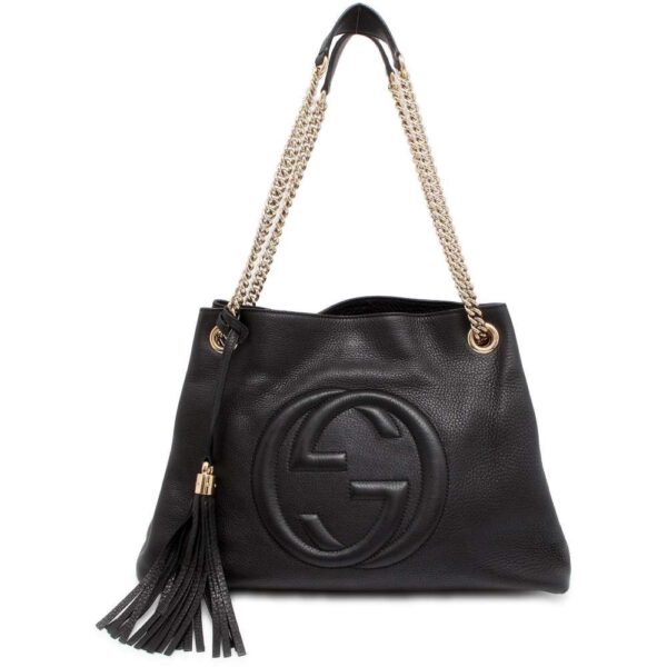 9777880 01 Gucci Soho Leather Chain Tote Bag Black