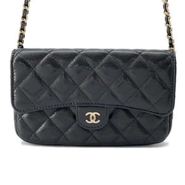 9779860 01 Chanel Matelasse Coco Mark Caviar Skin Flap Phone Case Chain Shoulder Bag Black