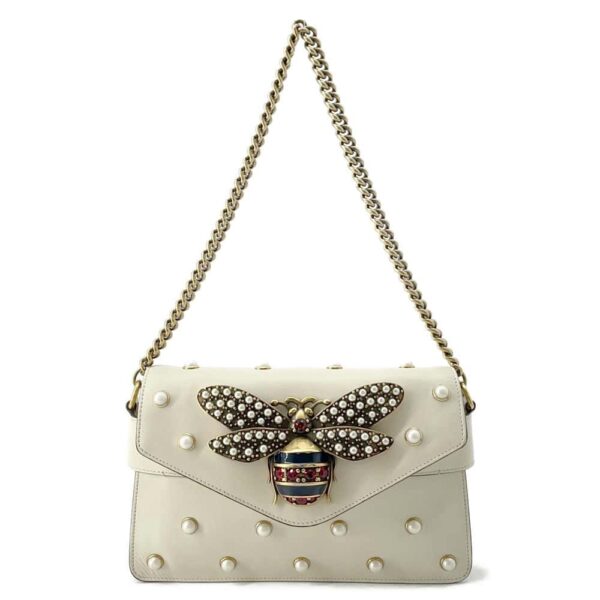 9789401 01 Gucci Broadway Pearl Bee Leather Shoulder Bag White