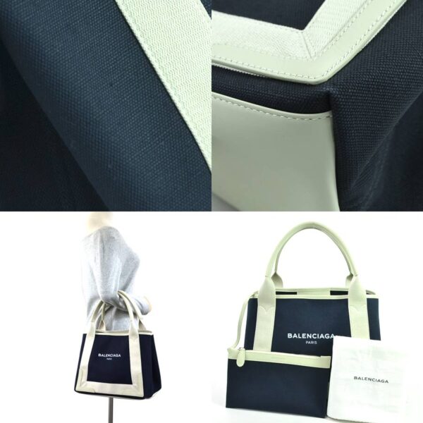 98090b 2 Balenciaga Blue CABAS S Canvas Leather Tote Bag Blue Ivory