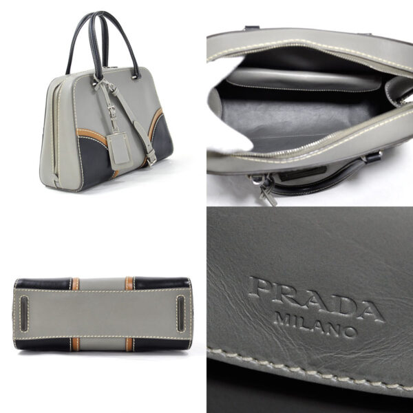 98141a 1 Prada 2Way Handbag Leather Gray Brown Black