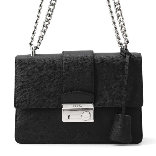 9817081 01 Prada Chain Shoulder Bag Saffiano Leather Black