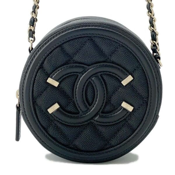 9818002 01 Chanel CC Filigree Round Caviar Skin Chain Shoulder Bag Black