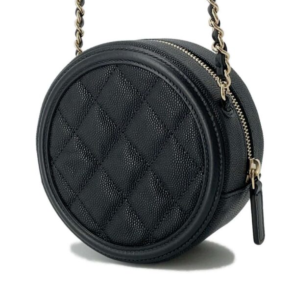 9818002 02 Chanel CC Filigree Round Caviar Skin Chain Shoulder Bag Black