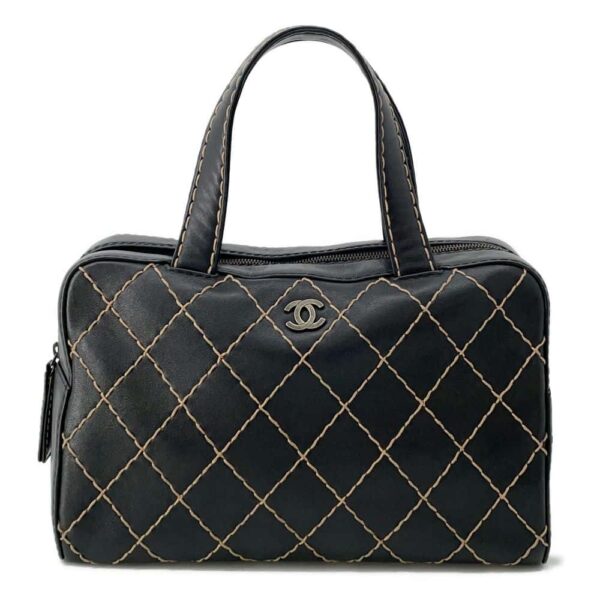 9818040 01 Chanel Wild Stitch Coco Mark Leather Handbag Black