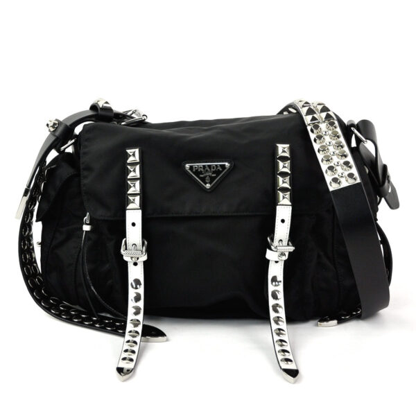 98305a Prada Crossbody Shoulder Bag Triangle Studded Nylon Leather Black White