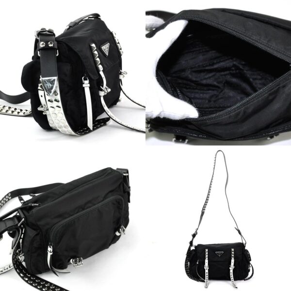 98305a 1 Prada Crossbody Shoulder Bag Triangle Studded Nylon Leather Black White