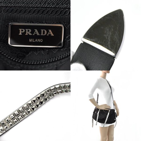 98305a 2 Prada Crossbody Shoulder Bag Triangle Studded Nylon Leather Black White