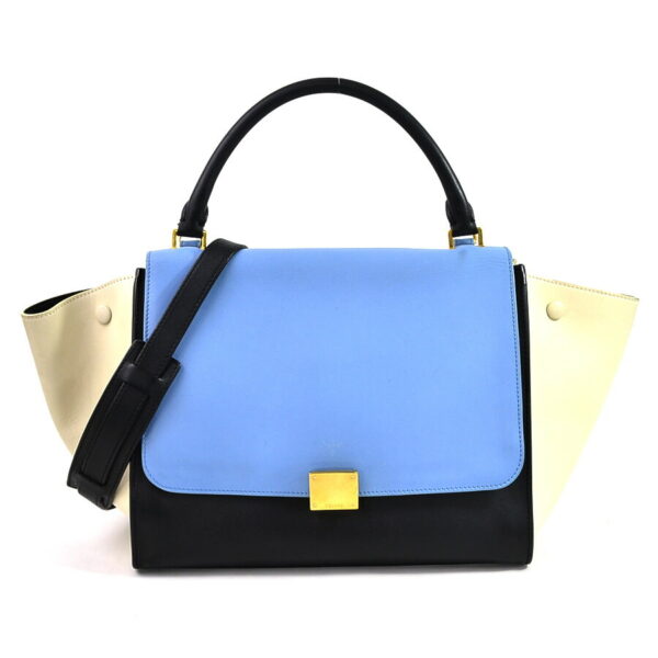 98510b Celine Trapeze 2Way Bag Leather Blue Black Off White