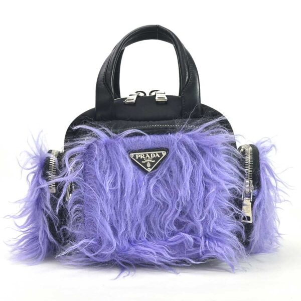 98635a Prada 2Way Handbag Triangle Nylon Leather Fur Black Purple