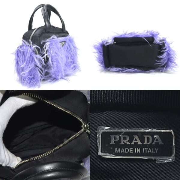 98635a 1 Prada 2Way Handbag Triangle Nylon Leather Fur Black Purple