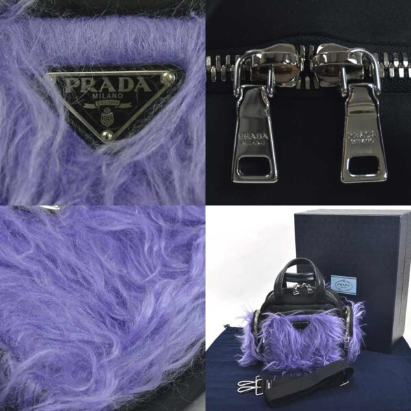 98635a 2 Prada 2Way Handbag Triangle Nylon Leather Fur Black Purple