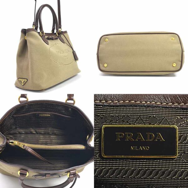 98658a 1 Prada 2Way Handbag Jacquard Canvas Leather Brown