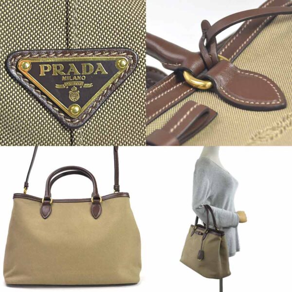 98658a 2 Prada 2Way Handbag Jacquard Canvas Leather Brown